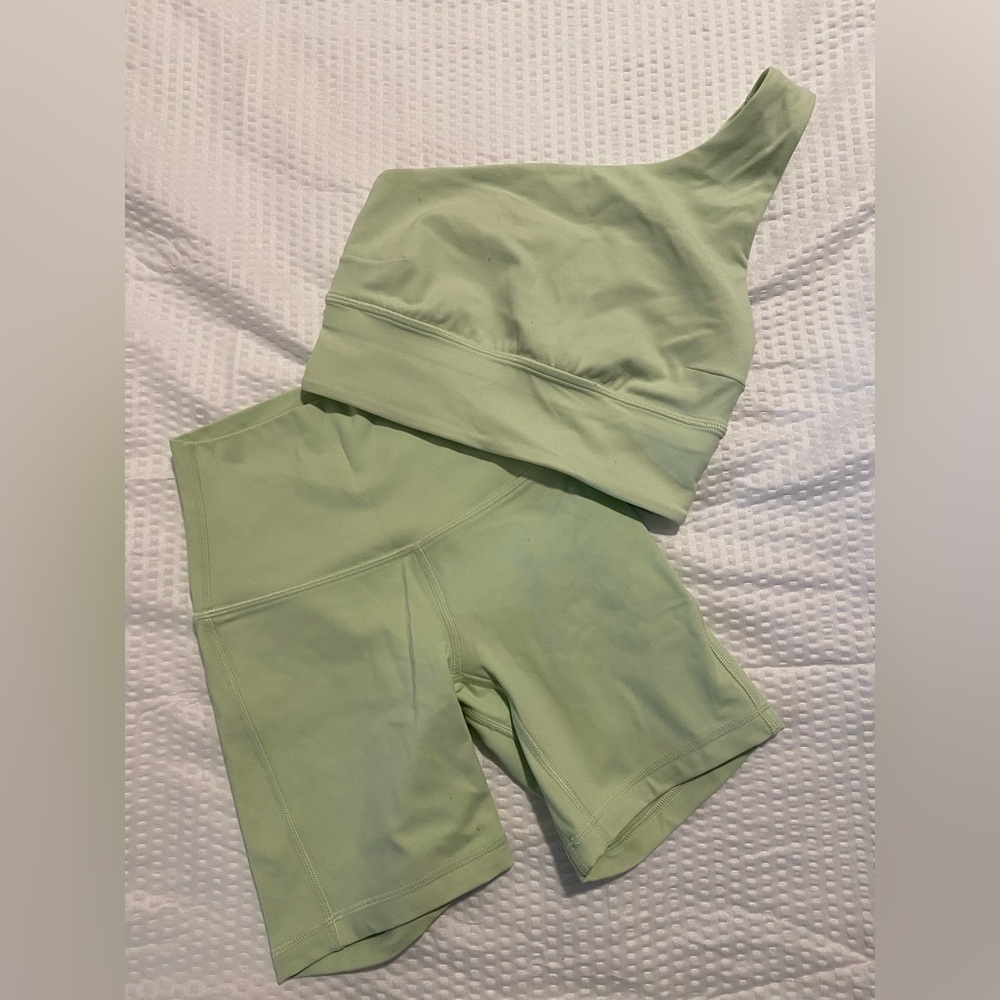 lululemon athletica Light Green One-Shoulder Sports Bra & Biker Shorts Set